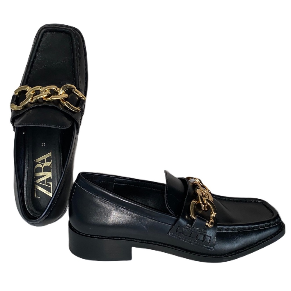 Zara Square Toe Chain Trim Leather Stacked Heel 37